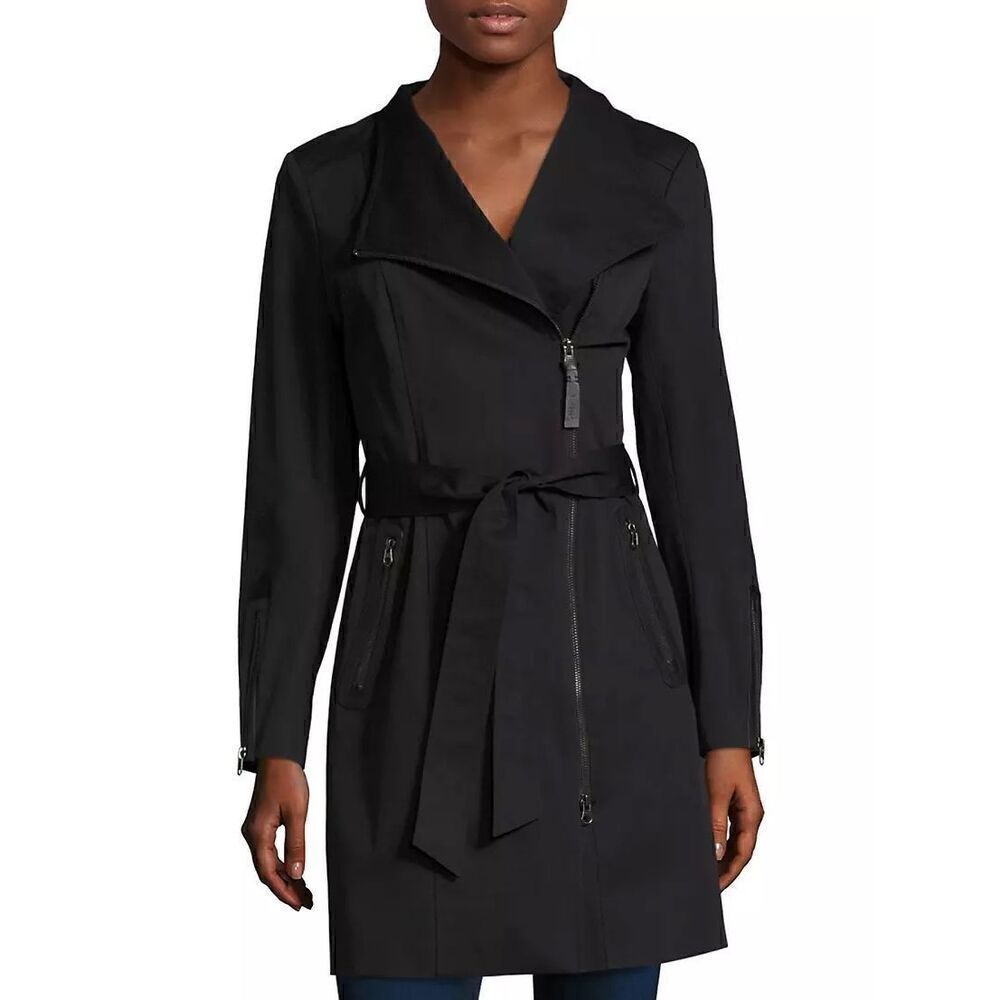 Mackage Montreal Women's Black Asymmetrical Zip Trench Coat Size Large